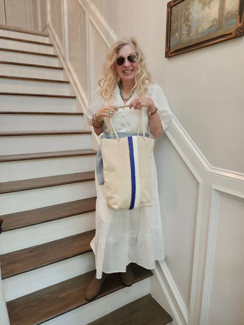 Rothy's Ex Cond Cream Canvas, Logo, Blue & White Stripe Accent Med Tote, $20 - Picture 4 of 8